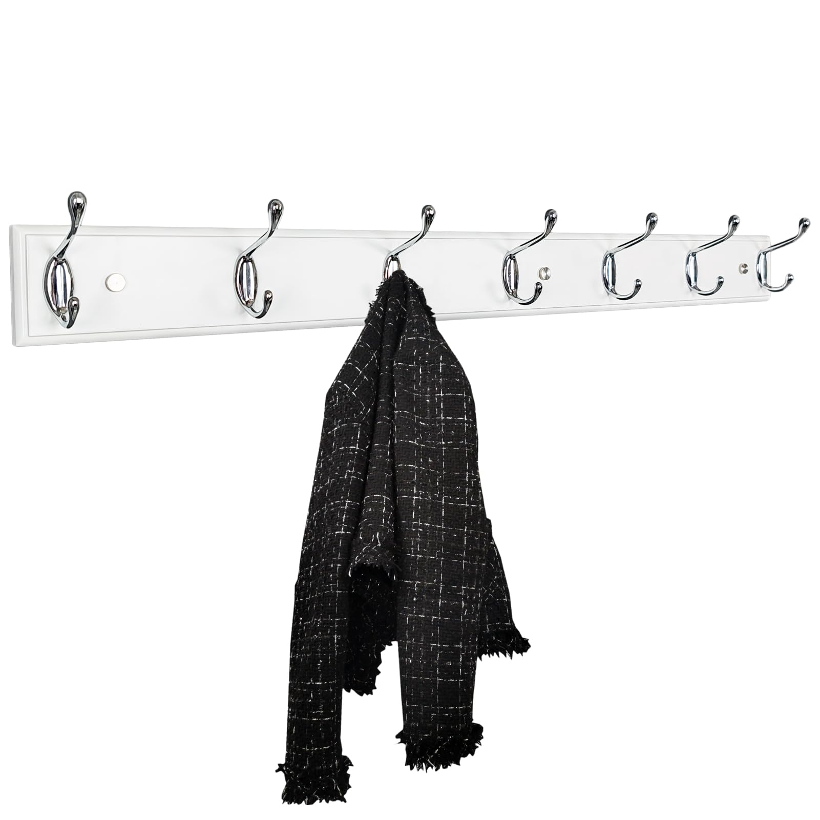 lomejii Long Wooden Wall Coat Rack White Wood 7 Silver Hooks, 80 cm, Strong Wall Coat Hook Rail for Coat, Hat, Bag