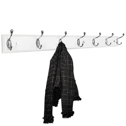 lomejii Long Wooden Wall Coat Rack White Wood 7 Silver Hooks, 80 cm, Strong Wall Coat Hook Rail for Coat, Hat, Bag