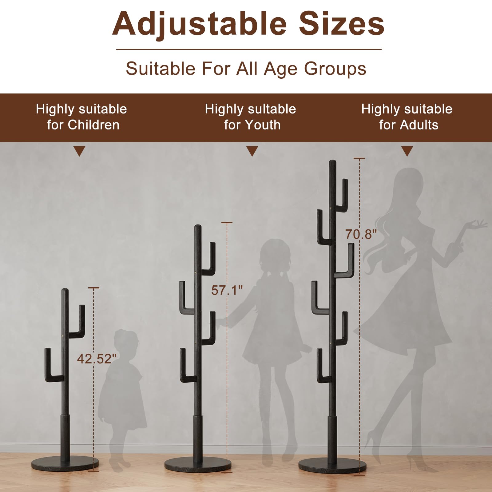 AQIMUELE Coat Stand, Woodem Coat Rack Stand - Cactus Design with 6 Hooks, Sturdy and Easy Assembly for Hallway Entryway, Hat Stand for Clothes (Black)