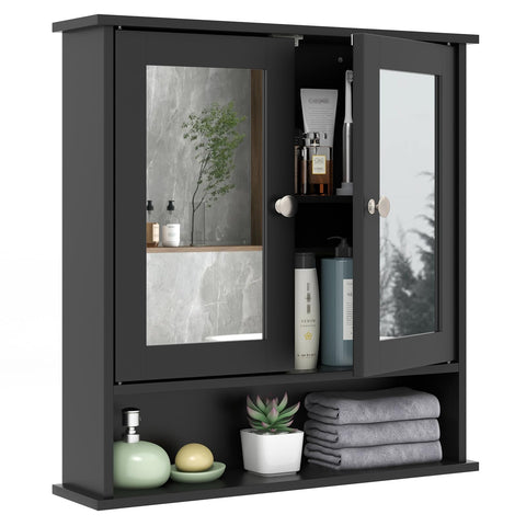 RELAX4LIFE Bathroom Mirror Cabinet, Wall Mounted Display Organizer Unit with Mirror, Double Door & Adjustable Shelf