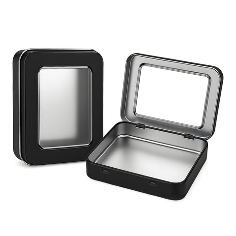 Forever bene 2 Black Small Tin Boxes with Window Lids, 2 Pieces, Black, each piece measures 11,5 × 8,5 × 2,2 cm