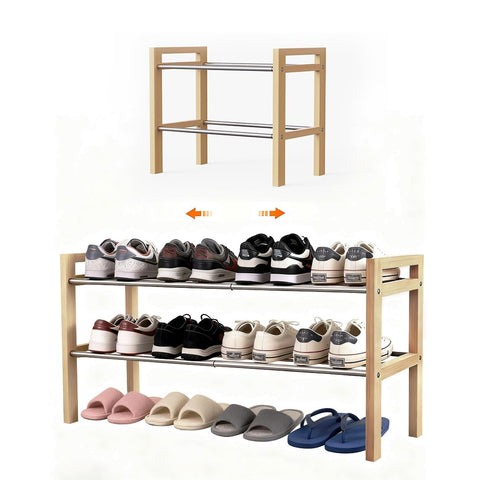 LEMIKKLE Shoe Rack Wooden, 2-Tier Oak Shoe Rack Expandable Stainless Steel Design, Ideal for Small Shoe Storage for Narrow Space