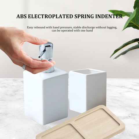 White Ceramic Bathroom Set with Wood Tray | Includes 320ml Soap Dispenser & Tumbler | Luxury Bathroom Accessories & Decor