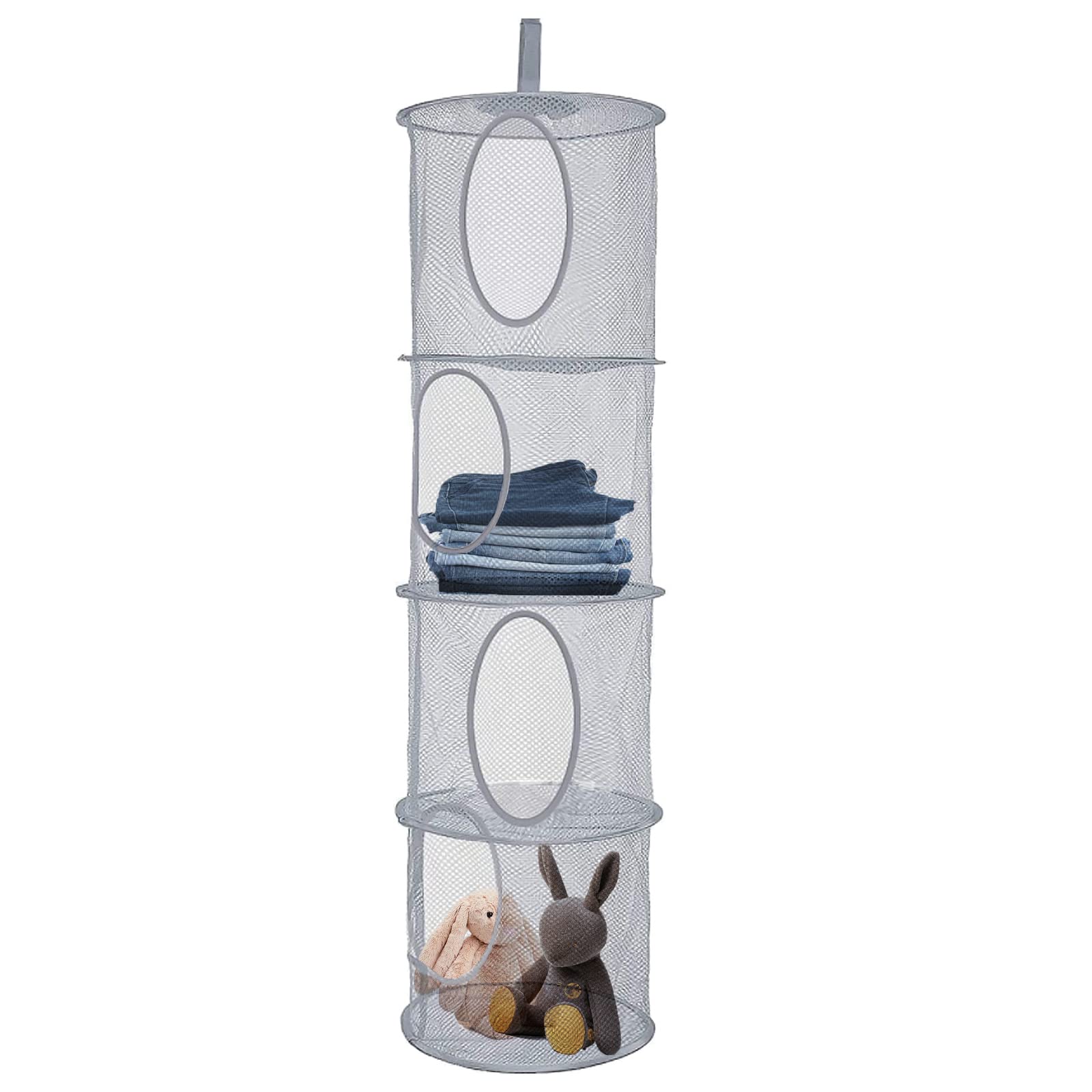 Hanging Mesh Storage Net, 4 Tier Compartments Foldable Hanging Soft Toy Storage Basket Mesh Storage Bag