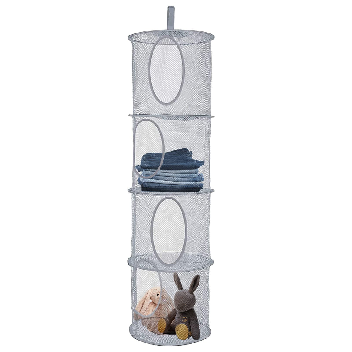 Hanging Mesh Storage Net, 4 Tier Compartments Foldable Hanging Soft Toy Storage Basket Mesh Storage Bag