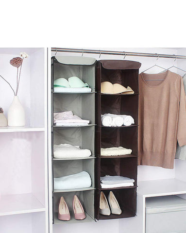 BrilliantJo Hanging Storage with 5 Shelves Set of 2 Wardrobe Closet Organiser, Storage Shelves Unit with 6 Pockets for Clothes - Grey 108H x 30W x 30L
