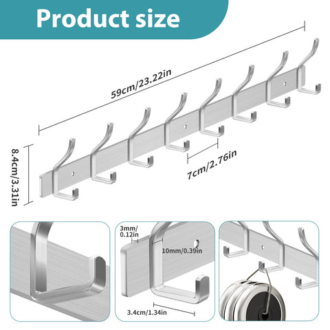 MEIJO Coat Hooks Wall Mounted Stainless Steel, Silver Coat Rack Wall Mounted with 8 Hooks Heavy Duty Coat Hooks for Door, Bathroom, Bedroom, Kitchen