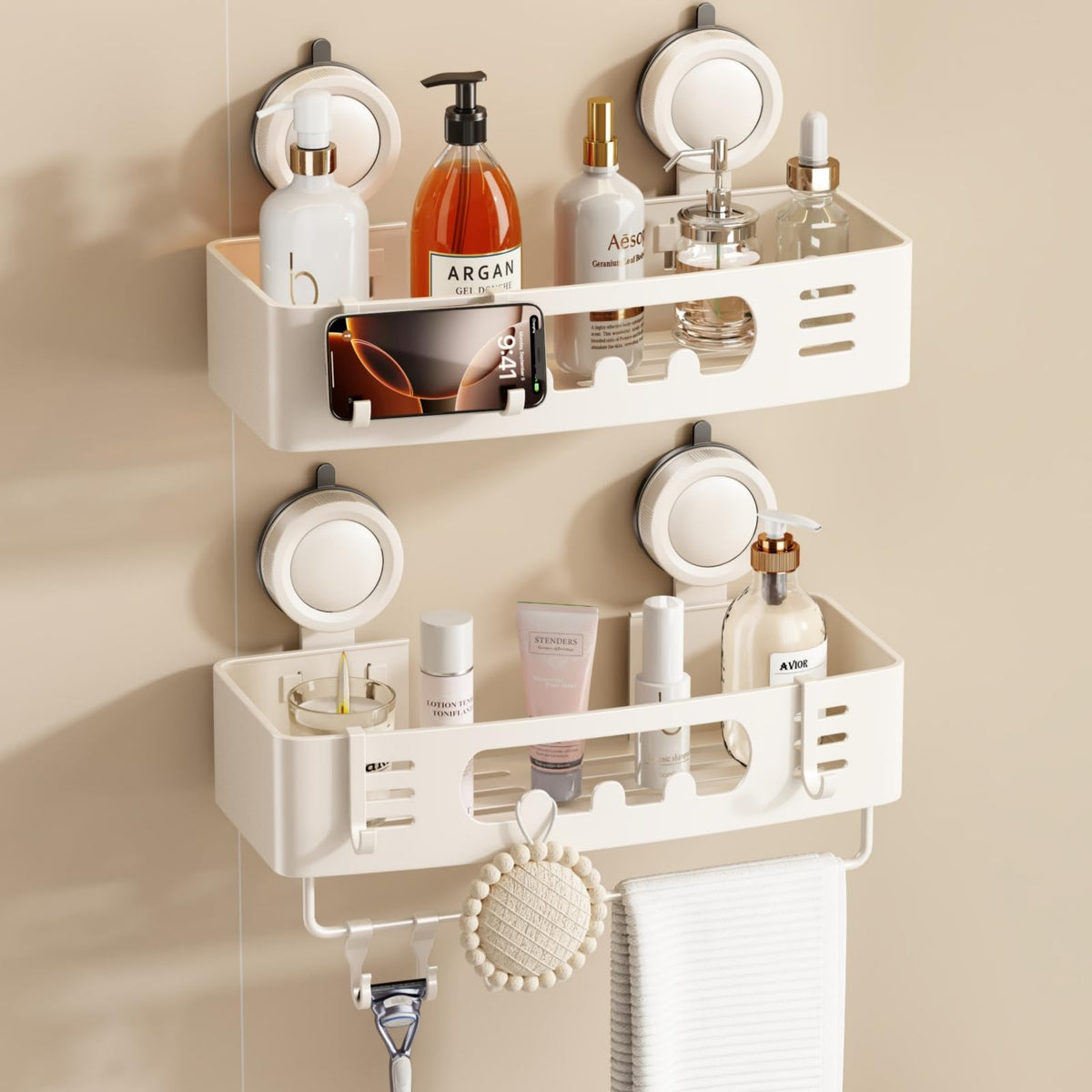 Voldra Shower Caddy Suction Cup, Adhesive Bathroom Shelves Shower Storage Wall Mounted Aluminum Bathroom Caddy Stick on Shower Organiser Rack With 4