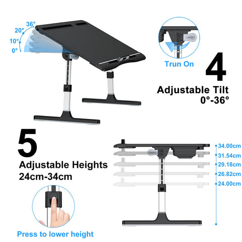 Laptop Bed Table, Potuopy Leather Adjustable Height Angle Bed Desk, X-Large Foldable Laptop Stand for Bed with Eco Wooden board for Working Reading