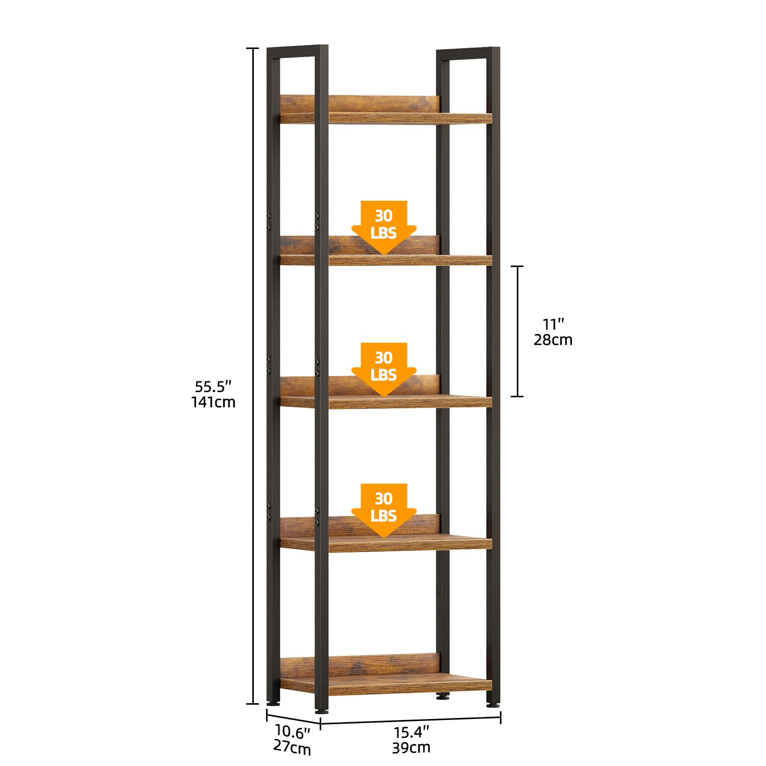 APPOLYN 5 Tier Slim Bookshelf, Bookcase with Backboard, Rustic Brown