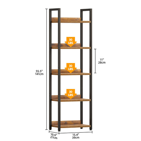 APPOLYN 5 Tier Slim Bookshelf, Bookcase with Backboard, Rustic Brown