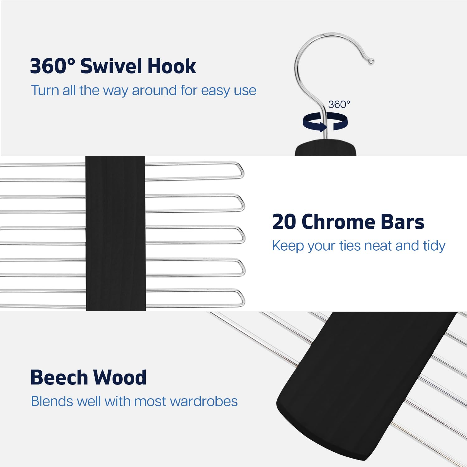 Tie Hanger for Wardrobe | Wooden Tie Organiser for Men with 20 Non-Slip Chrome Bars