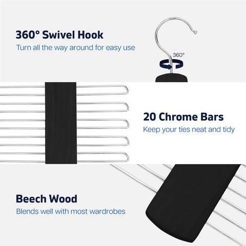 Tie Hanger for Wardrobe | Wooden Tie Organiser for Men with 20 Non-Slip Chrome Bars
