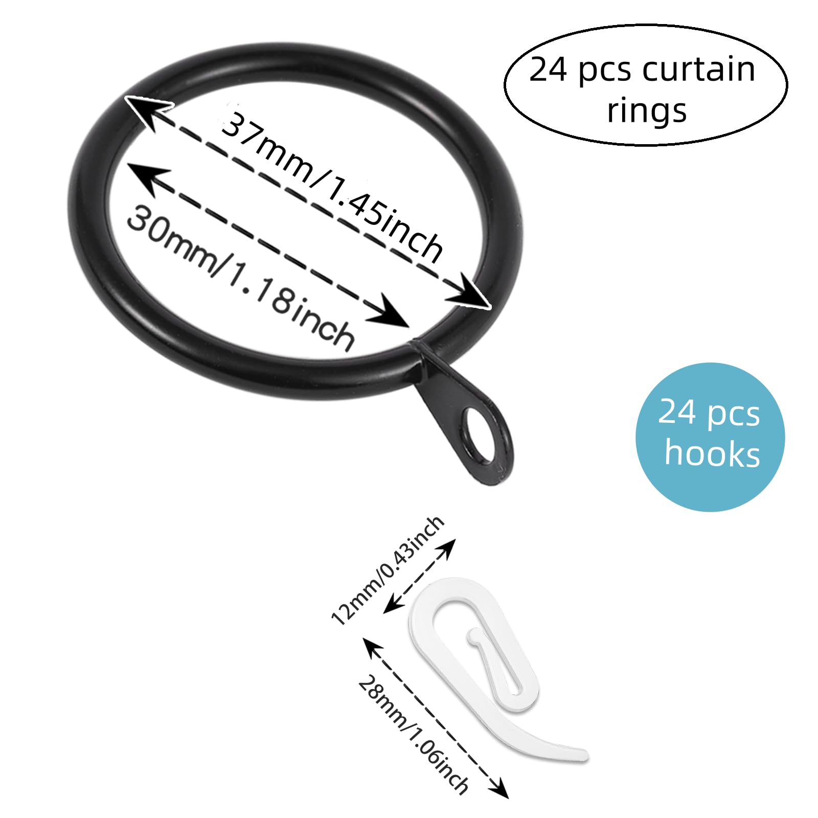 24 Pieces black metal curtain rings and 24 Pieces white plastic Curtain Hooks for curtains (30mm internal diameter)