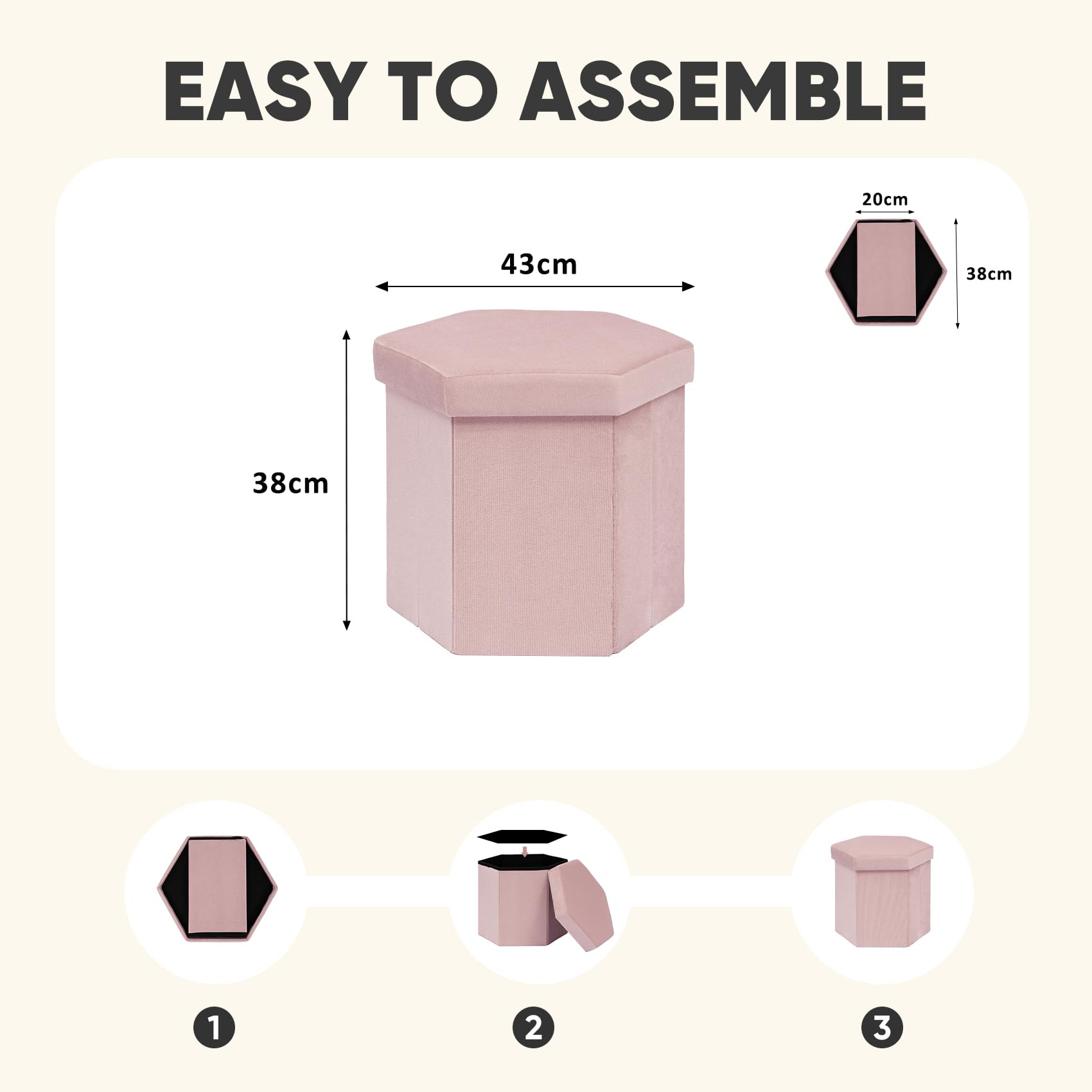 PINPLUS Hexagonal Storage Ottoman, Velvet Foldable Footstool, Pink