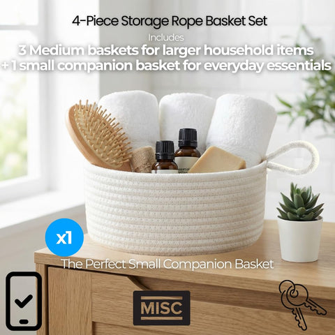 4pcs Cotton Rope Storage Basket Set, (3 Medium + 1 Small) Woven Baskets with Handles for Living Room, Bedroom, Bathroom & Nursery