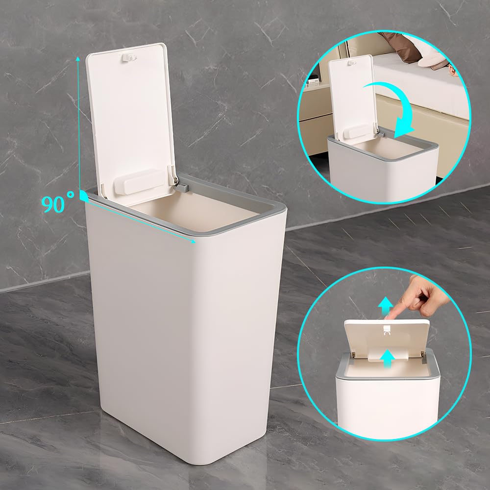 Slimline Kitchen Bin,9L Slim Bathroom Bin with Touch Top Lid,Dog-Proof Anti-Odour Plastic Slimline Waste Bin for Bedroom Office Living Room Toilet