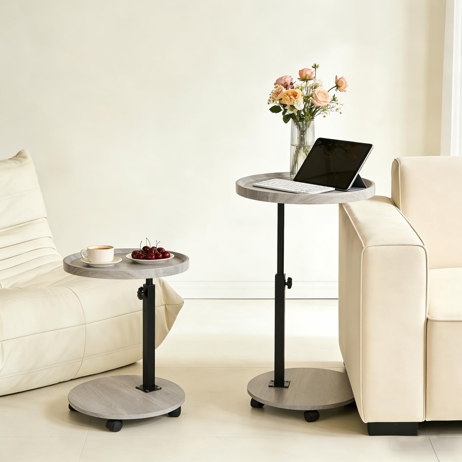 YYW C Shaped End Table Adjustable Height, Couch Tables That Slide Under for Small Spaces, 360°Swivel TV Tray Table