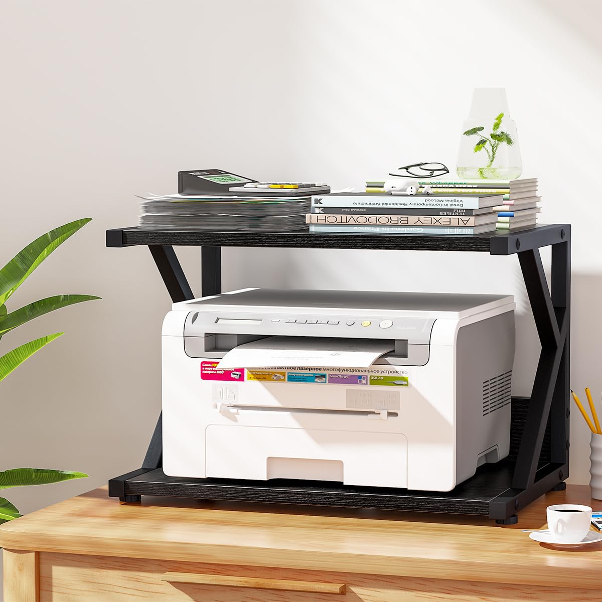 Huhote 2 Tier Desktop Printer Stand, Under Desk Printer Table, Multi-Purpose Desktop Storage and Organize