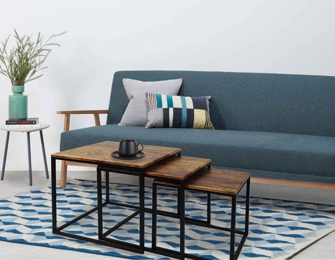 ASPECT Alana Set of 3 Nesting Table-Vintage Wooden Tops/Steel Black Legs, 40x40x42 cm