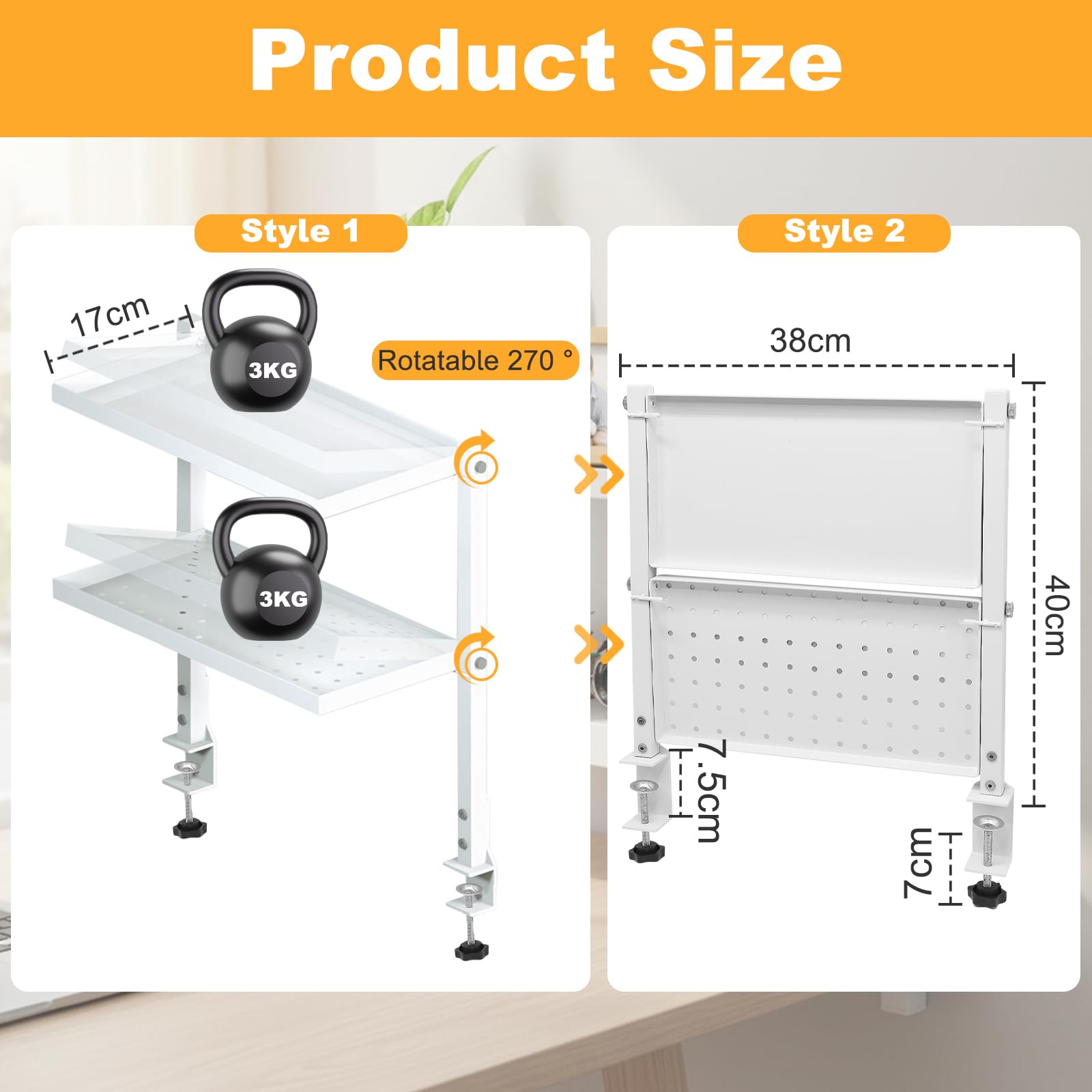 Cyiecw Clamp On Desk Shelf 2-Tier, 34cm Desktop Bookshelf with Pegboard, 270° Rotating Desk Storage Organizer for Home, Office, or Dorm, White