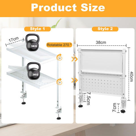 Cyiecw Clamp On Desk Shelf 2-Tier, 34cm Desktop Bookshelf with Pegboard, 270° Rotating Desk Storage Organizer for Home, Office, or Dorm, White