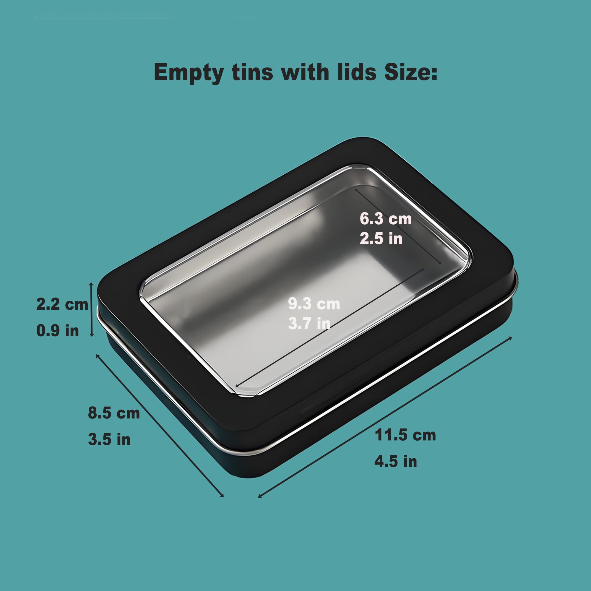 Forever bene 2 Black Small Tin Boxes with Window Lids, 2 Pieces, Black, each piece measures 11,5 × 8,5 × 2,2 cm