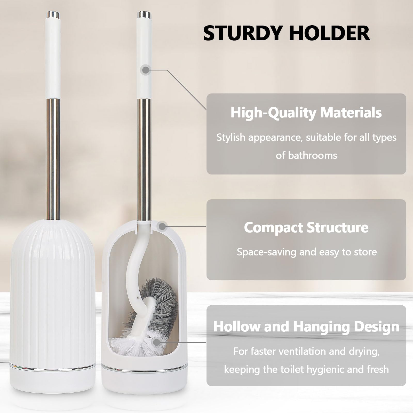 Toilet Brush, Toilet Brushes with Holders, Curved Toilet Brush with Edge Cleaner, Stainless Steel & Plastic Handle, Loo Brush Replacement Heads