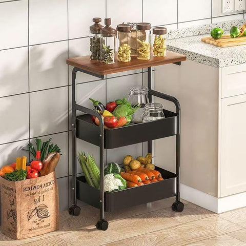 3-Tier Trolley on Wheels,with Wooden Shelves and Metal Baskets Black