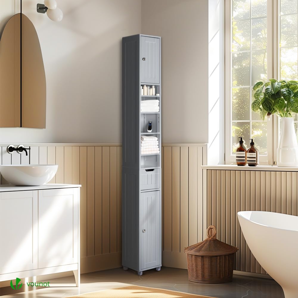 VOUNOT Tall Bathroom Cabinet Freestanding Storage Cabinet with Adjustable Shelf, 1 Drawer and 2 Doors Wooden Cupboard for Bedroom Living Room Kitchen