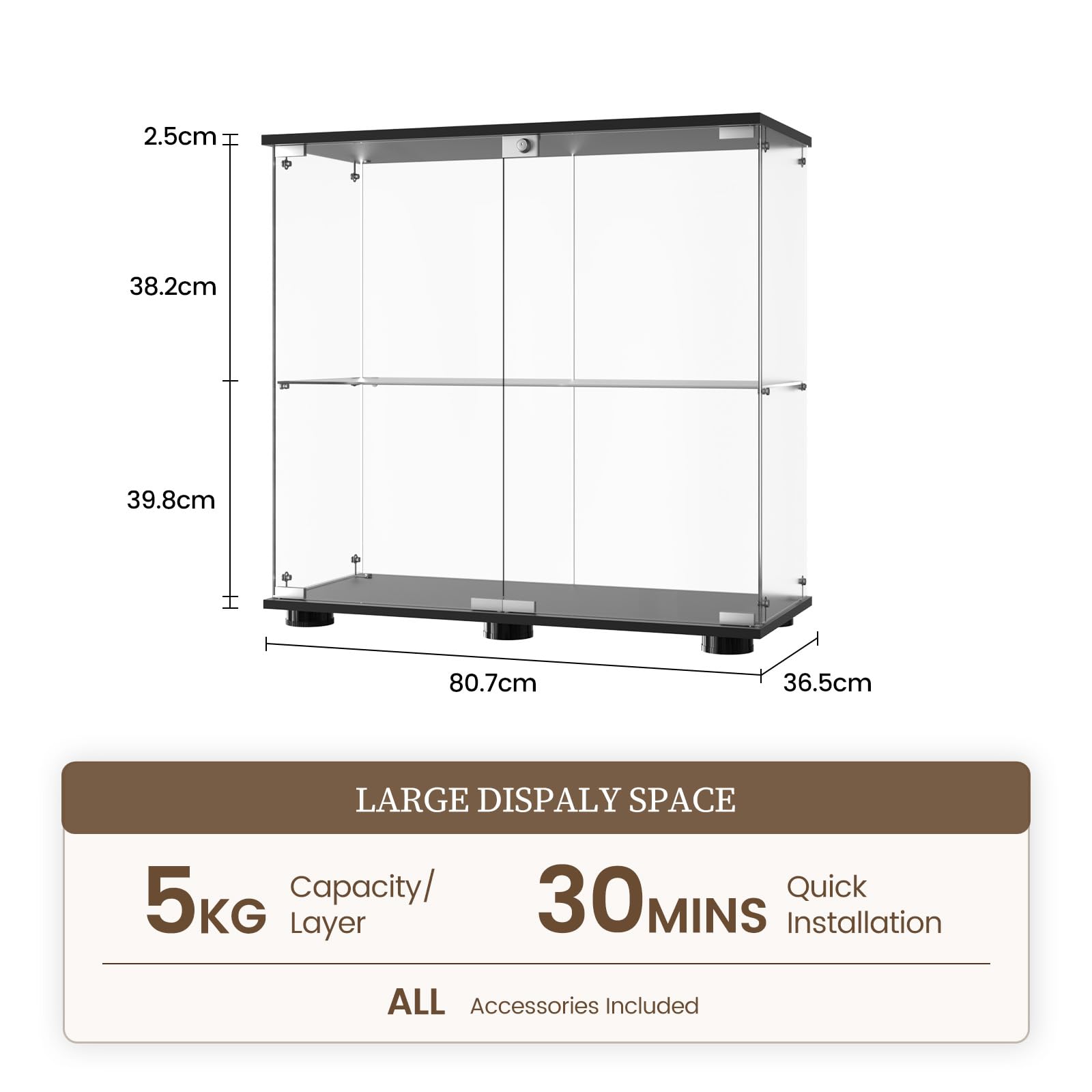 Beauty4U 2-Shelf Double Door Glass Display Cabinet, 83cm Tall, Black