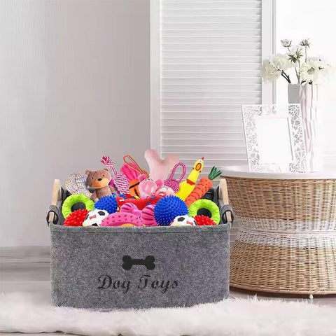 HUATEEN Personalised Dog Toy Storage Box,Large Grey Felt Toy Basket for Dogs Puppy Toy Organiser Pet Toy Storage Bin with Handles 38x25x18cm