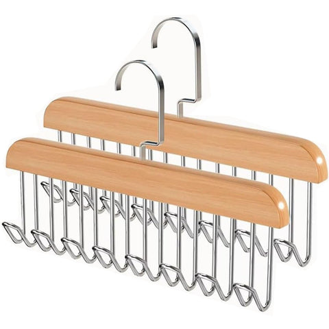 Belt Hanger for Wardrobe, 2 Pack Belt Hanger Wooden, Belt Rack with 8 Hooks,360 Degree Rotating Tie Hanger, Space Saving Belt Holder