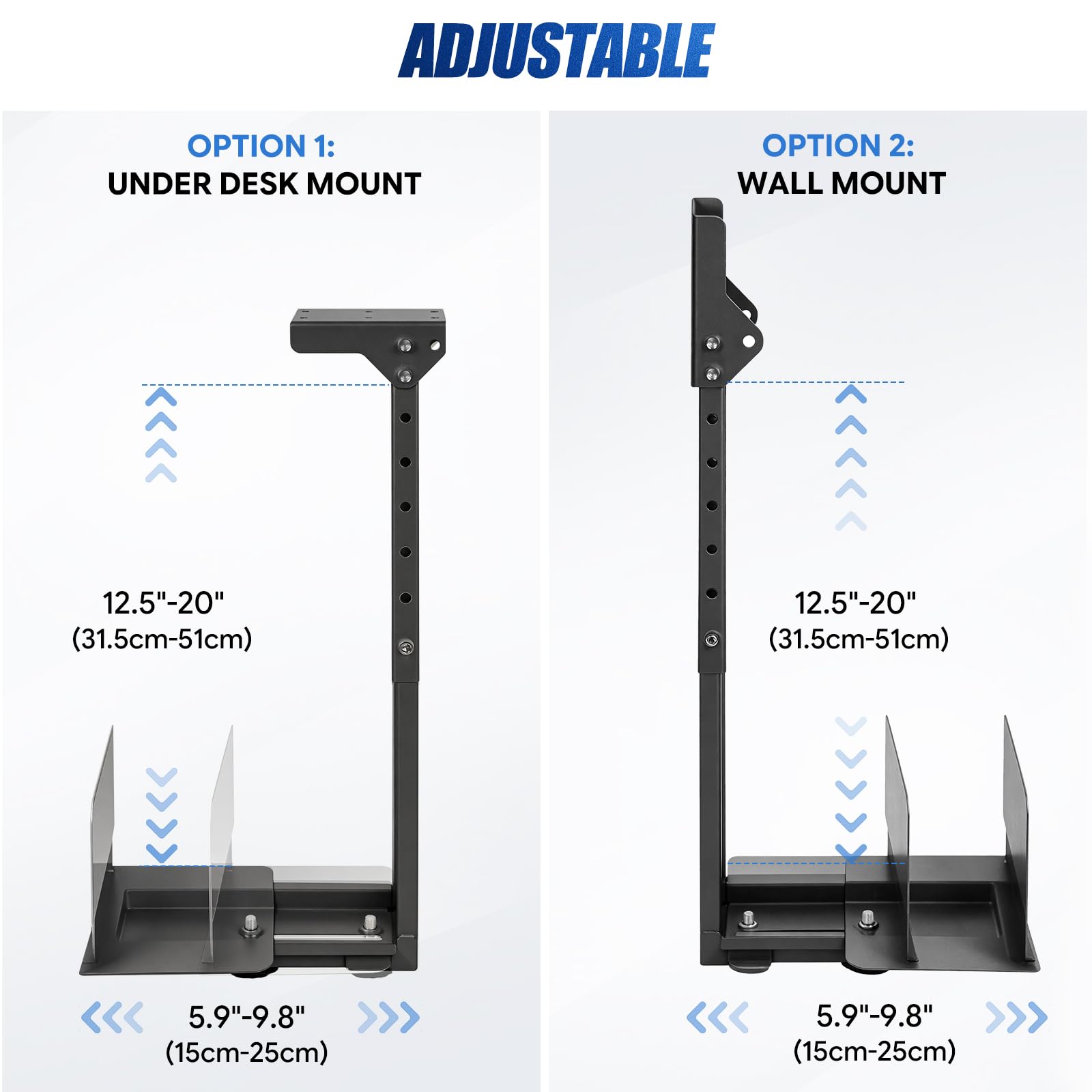 Heavy Duty PC Under Desk Hanger, 2-in-1 Computer Tower Wall Mount Bracket, Adjustable Width 15–25 cm, Height 31.5–51 cm, Holds up to 23 kg