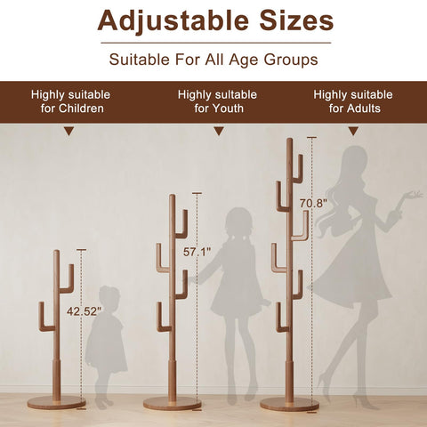 AQIMUELE Coat Stand, Woodem Coat Rack Stand - Cactus Design with 6 Hooks, Sturdy and Easy Assembly for Hallway Entryway, Hat Stand for Clothes