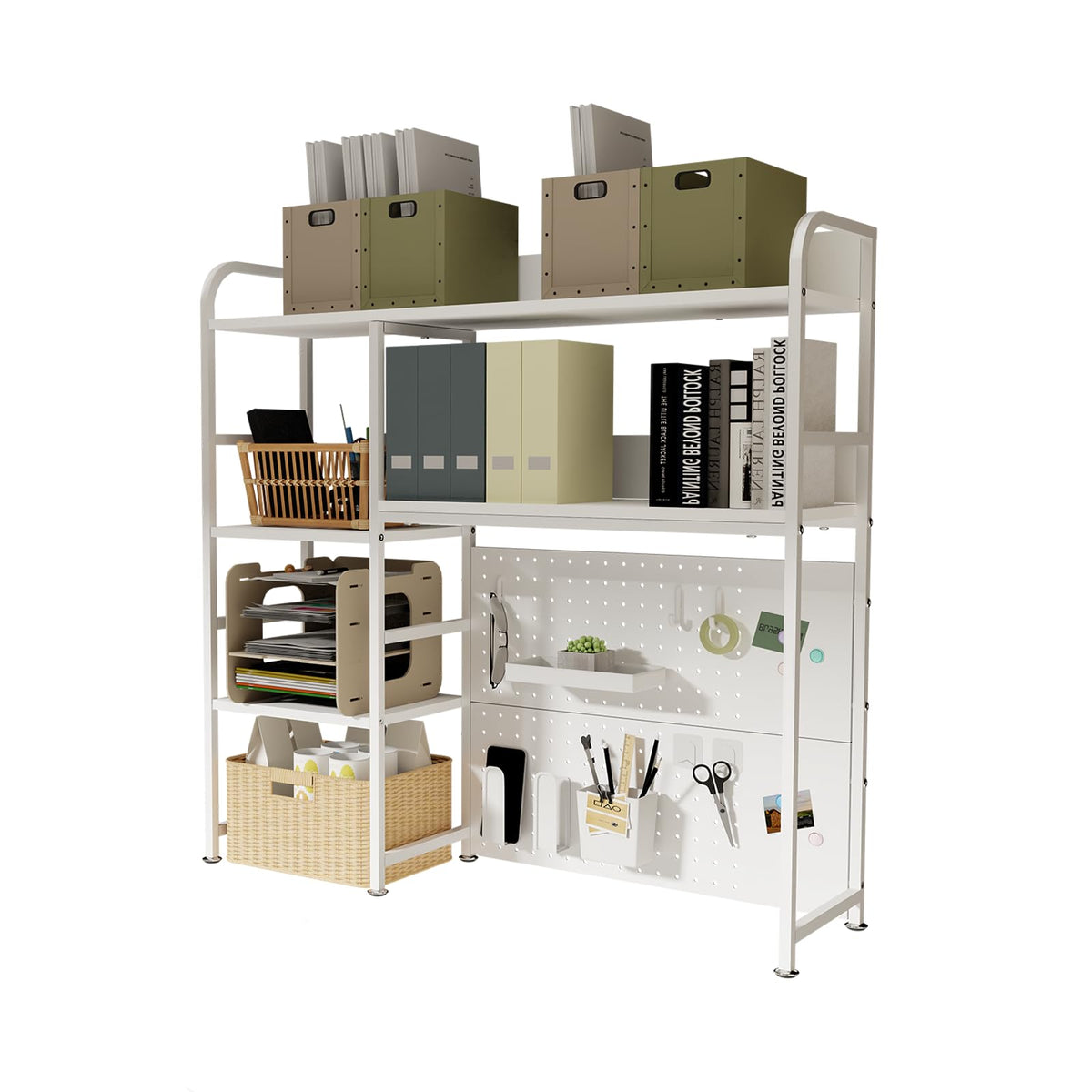 Boltmol 2-Tier Desk Shelf with storage rack,Off-White 95CM, Desktop Organizer With Pegboard, Countertop Storage Bookcase For Home, Office Or Dorm