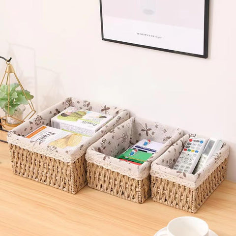 BEVKAF Seagrass Set of 3 Rectangular Storage Baskets (Pear Blossom Style)