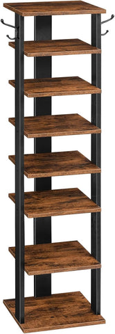 HOOBRO Shoe Rack Wooden, Tall Shoe Rack, Narrow Shoe Storage Organizer with 2 Hooks, Slim Narrow Shelf, Vertical Tower for Entrance, Living Room