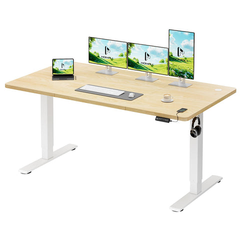 Homall Electric Height Adjustable Desk, Adjustable Height Office Desk with USB Ports, 160x70cm, Home Office with Splice Board, Beige