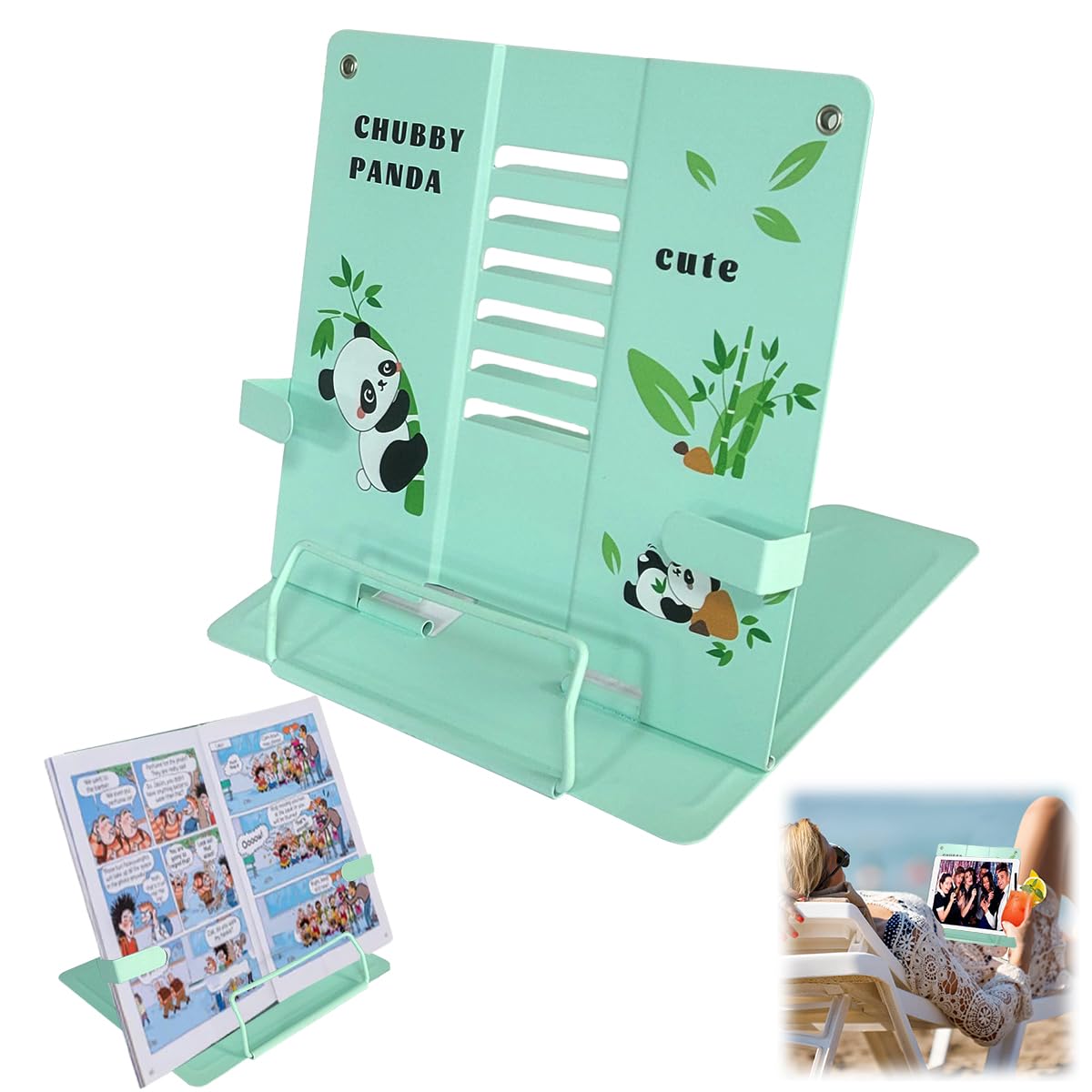 Garegce Book Stand Folding with Page Paper Clips, Cute Animal Panda Book Holder, Cookbook Stands 6-Position Adjustable Height for Reading