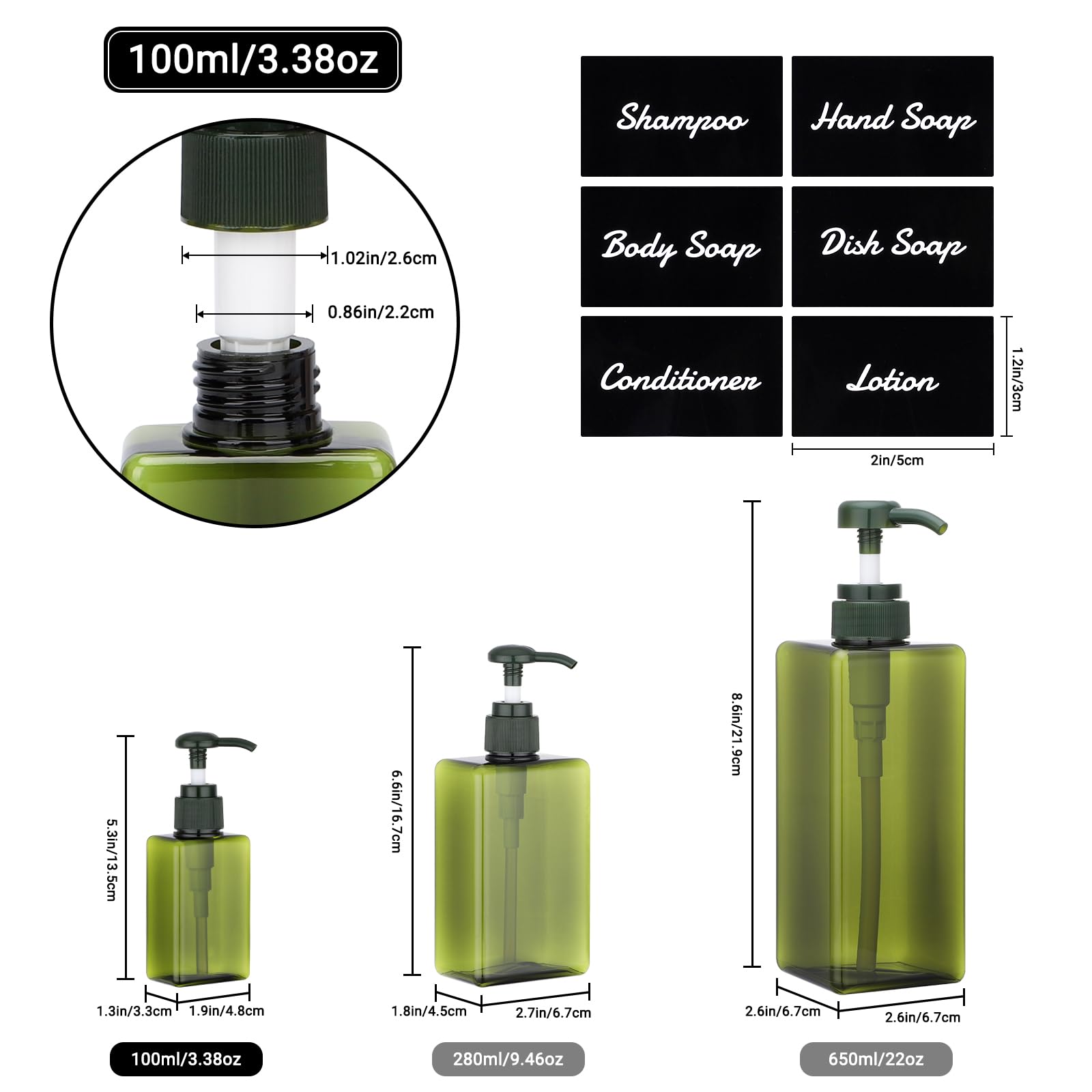 Segus Hand Soap Dispenser, 3 Pieces 100ml Empty Shampoo Bottles, Small Shower Dispensers with Labels, in Plastic, Bathroom Accessories (Dark Green)