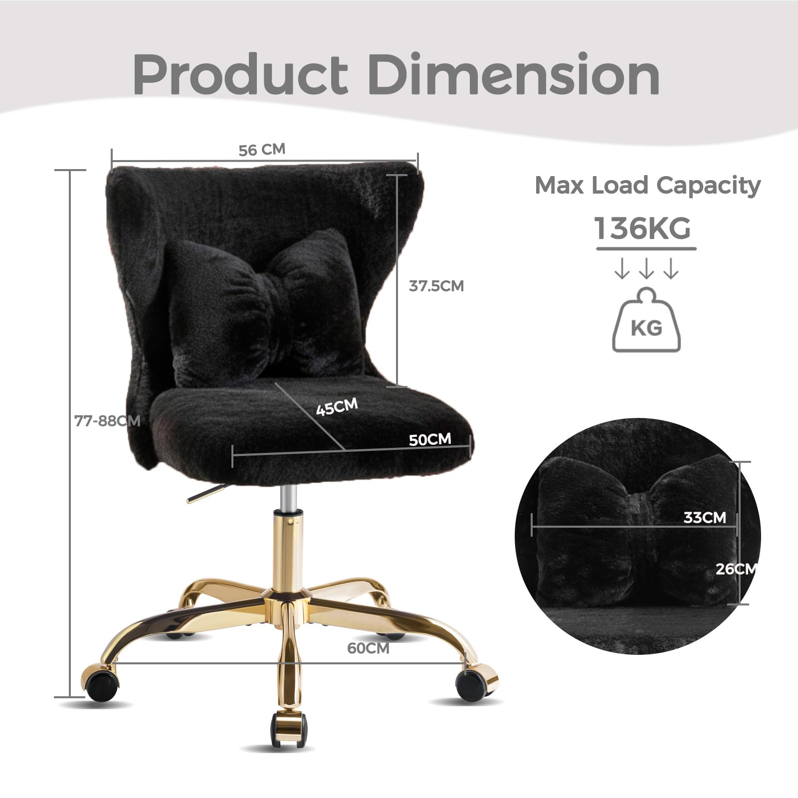 Eufurnibi Vanity Chair with Gold Wheels & Bow Pillow, Girl's Office Chair