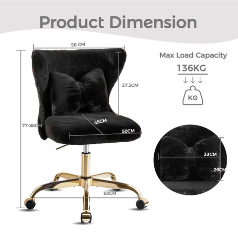 Eufurnibi Vanity Chair with Gold Wheels & Bow Pillow, Girl's Office Chair