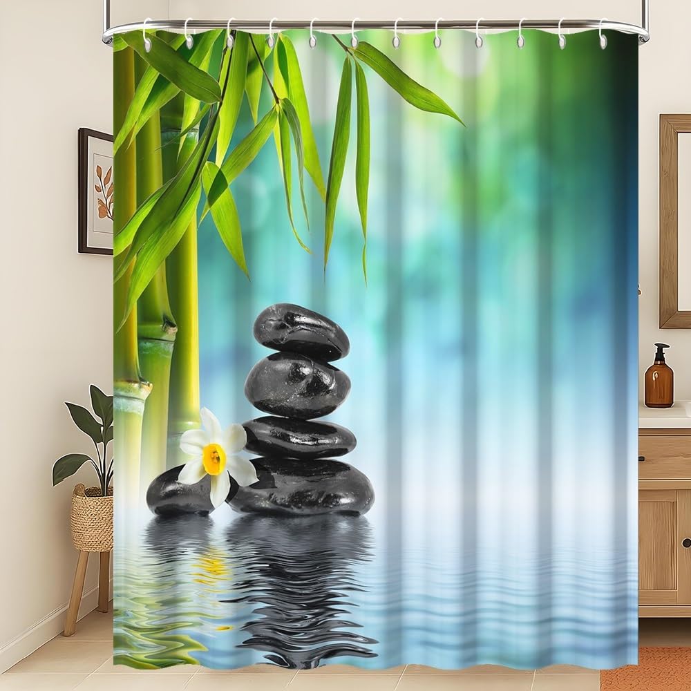 Xiaoterna Spa Garden Shower Curtain Bokeh Spa Green Bamboo Black Stone Flower Bathroom Curtain Simple Home Garden Waterproof Shower Curtain Machine