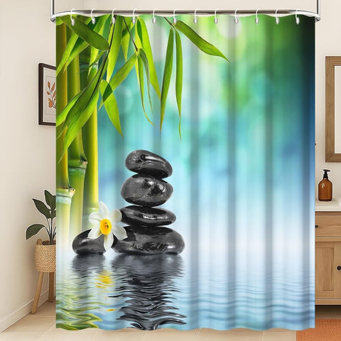 Xiaoterna Spa Garden Shower Curtain Bokeh Spa Green Bamboo Black Stone Flower Bathroom Curtain Simple Home Garden Waterproof Shower Curtain Machine