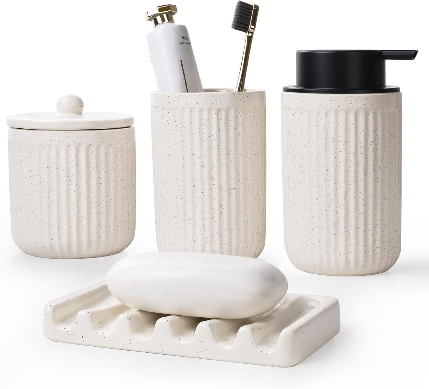 BosilunLife Ceramic Bathroom Accessories Set - Bathroom Counter Soap Set Beige Bathroom Decor Sets Accessories Bathroom Lotion Soap Dispenser and