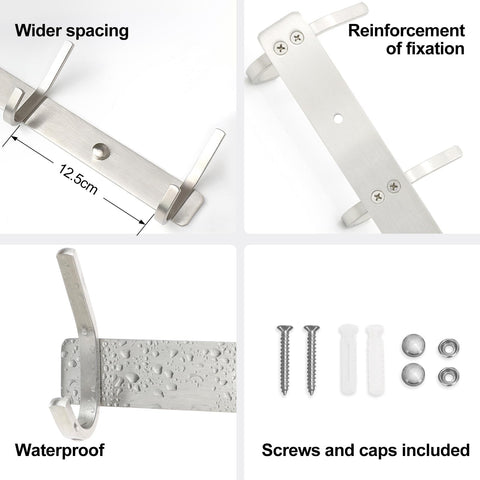 Qiannhee 2 Pack Coat Hooks Wall Mounted 3 Hooks Rustproof Wall Coat Rack 30CM up to 30KG Heavy Duty Coat Rack for Door SUS304 Stainless Steel Clothes