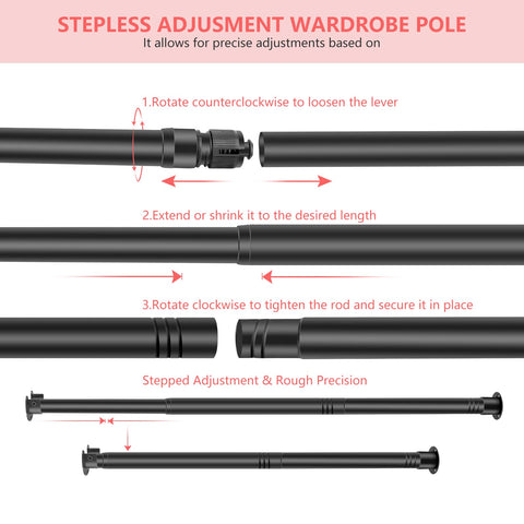 Extendable Wardrobe Pole Black 43-107cm Wardrobe Rails and Fittings 33mm Tube Diameter Stainless Steel Pole for Wardrobe with Screws and Fixing
