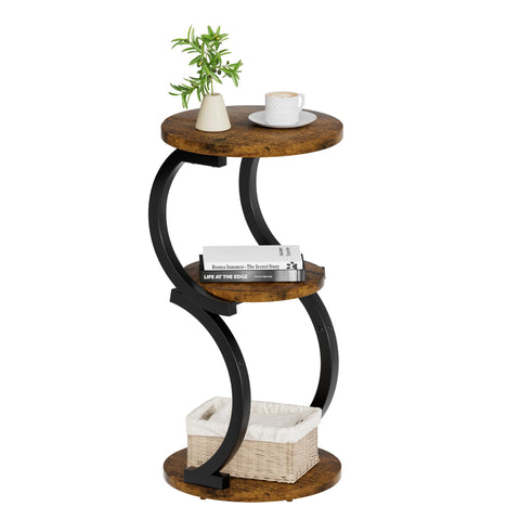 JUSTOGO Round Side Table, S-shaped 3-Tier Coffee Table, Small Table, Wood, Metal Bedside Table for Living Room, Bedroom