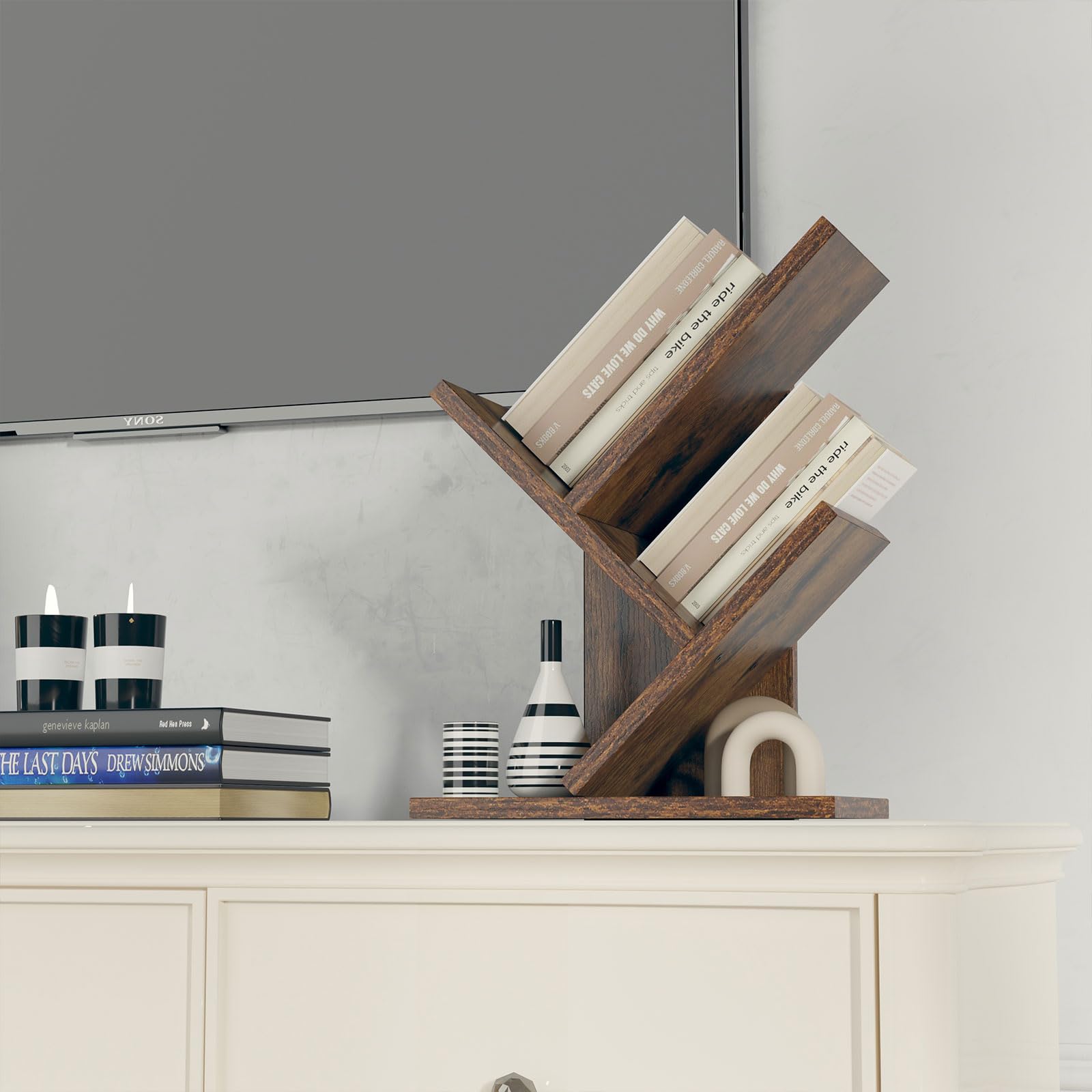 YMYNY 2 Tier Tree Bookshelf, Small Bookcase, Modern Wood Book Storage Rack Organizer, Freestanding Book Shelf for Books/Movies/CDs
